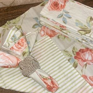 Set/8 Cottagecore Napkins Floral/Stripe Reverse Country Tablescape 17” Unused